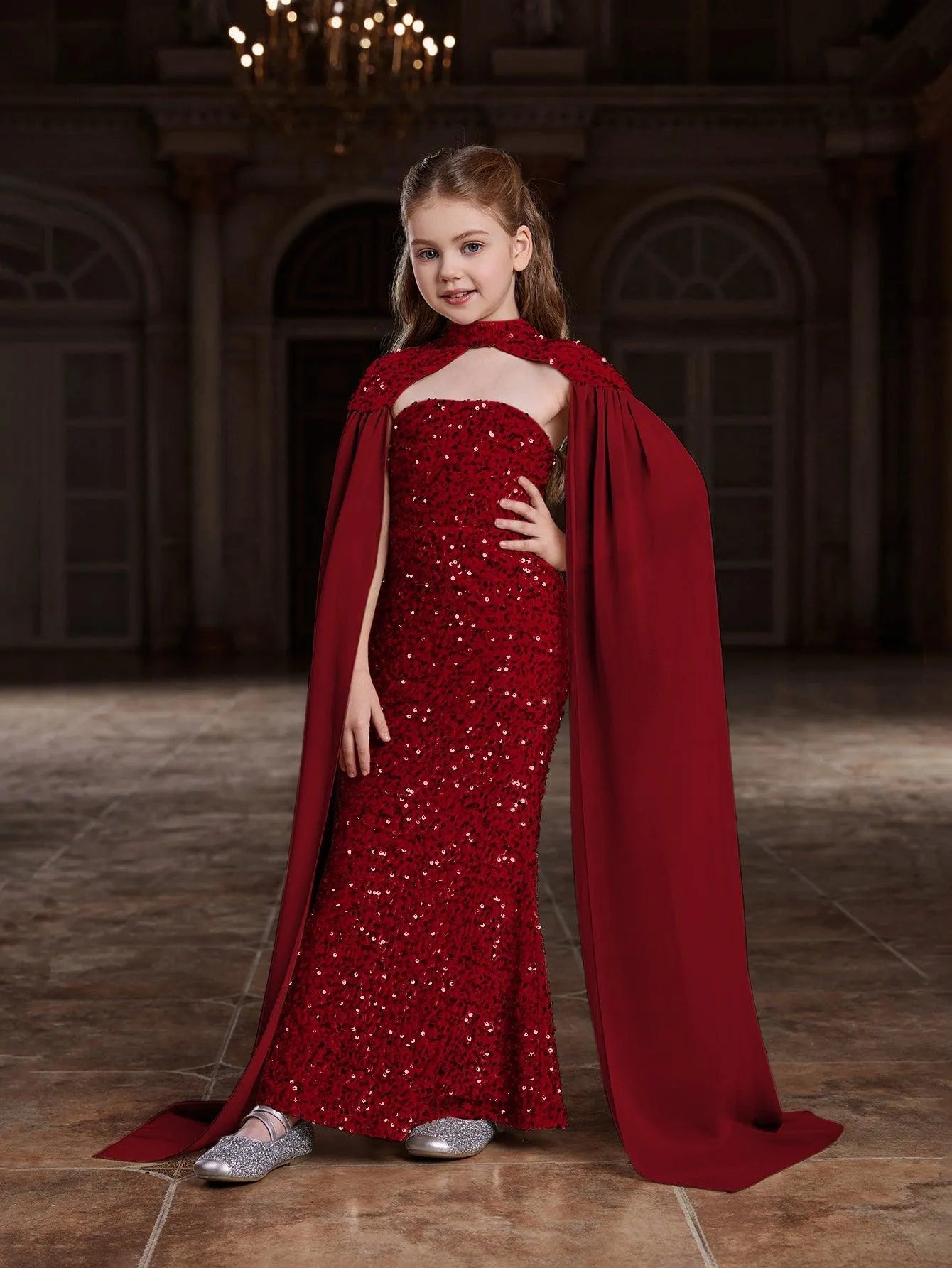 red dress with a cape Tween Girls' Sequin Tube Party Dress Removable Cape – Elonnashop
