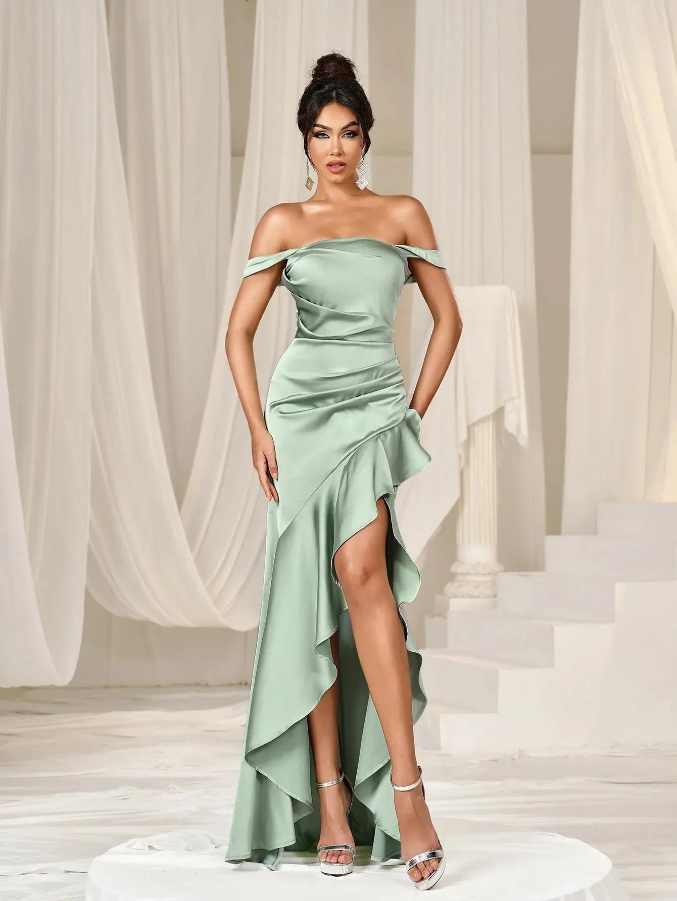 Elegant Off Shoulder Asymmetrical Ruffle Hem Party Dress Elonnashop Elegant Off Shoulder Asymmetrical Ruffle Hem Party Dress Elonnashop
