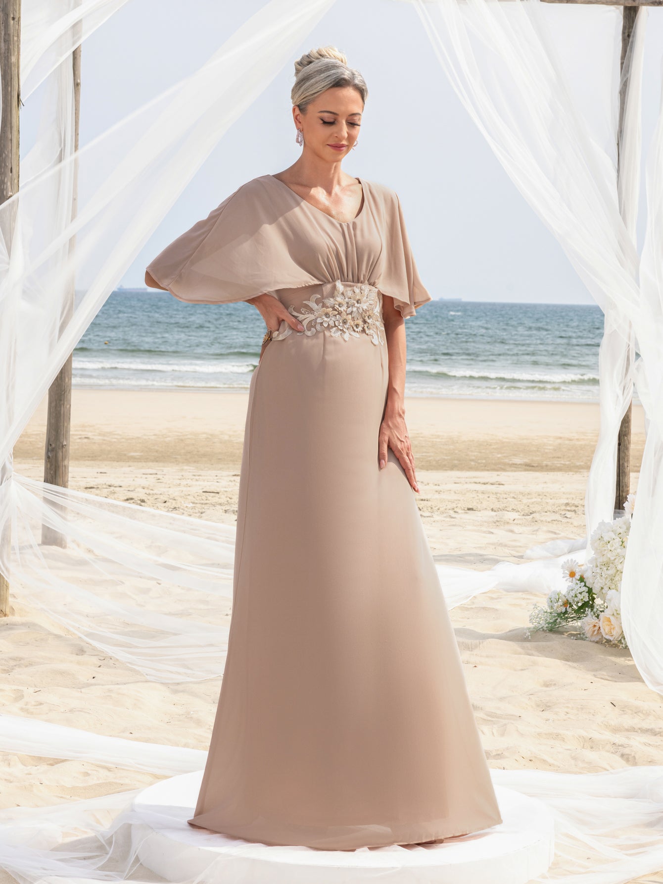 Womens' Applique Detail V Neck Chiffon Formal Dress