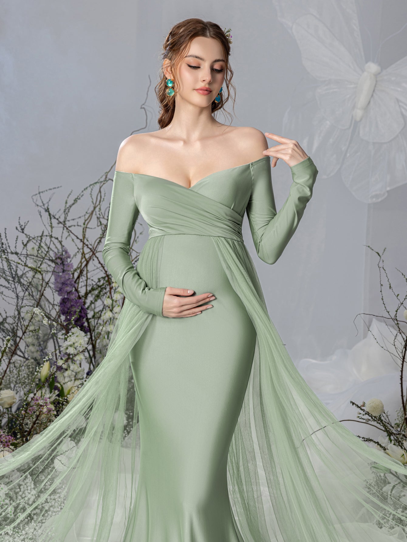 Maternity Off Shoulder Contrast Mesh Mermaid Dress