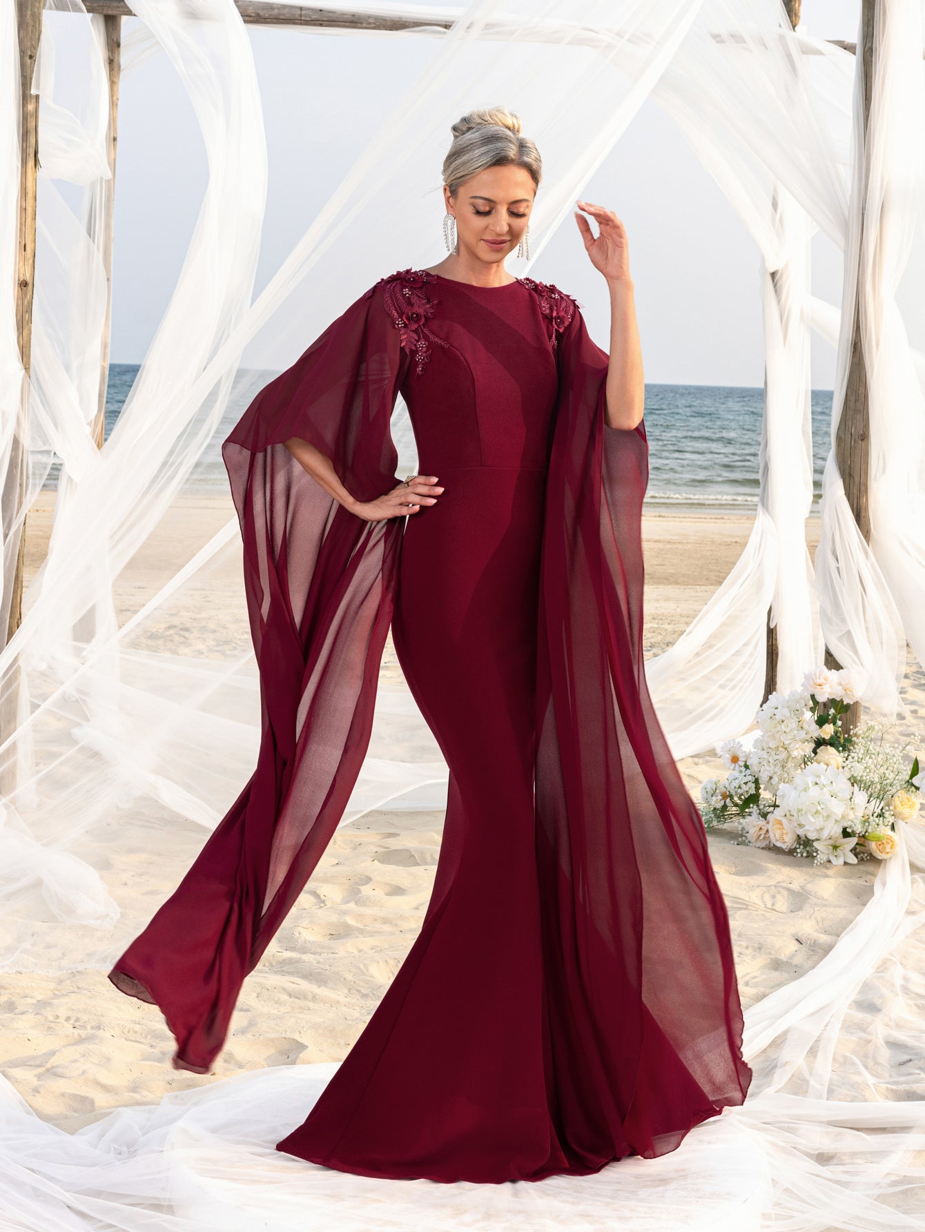 Womens' Mermaid Silhouette Formal Dress with Flared Chiffon Sleeves & Elonnashop Womens' Mermaid Silhouette Formal Dress with Flared Chiffon Sleeves & Elonnashop