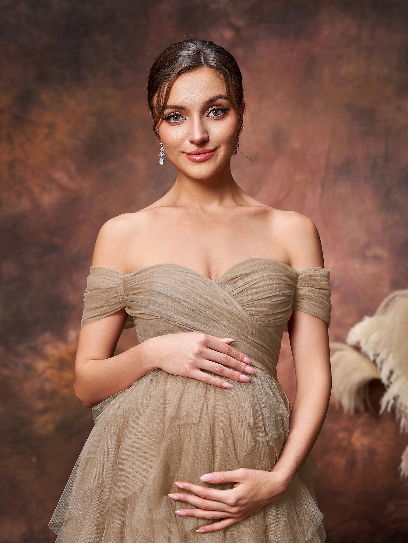 Maternity Off Shoulder Tiered Ruffle Hem Tulle Evening Dress