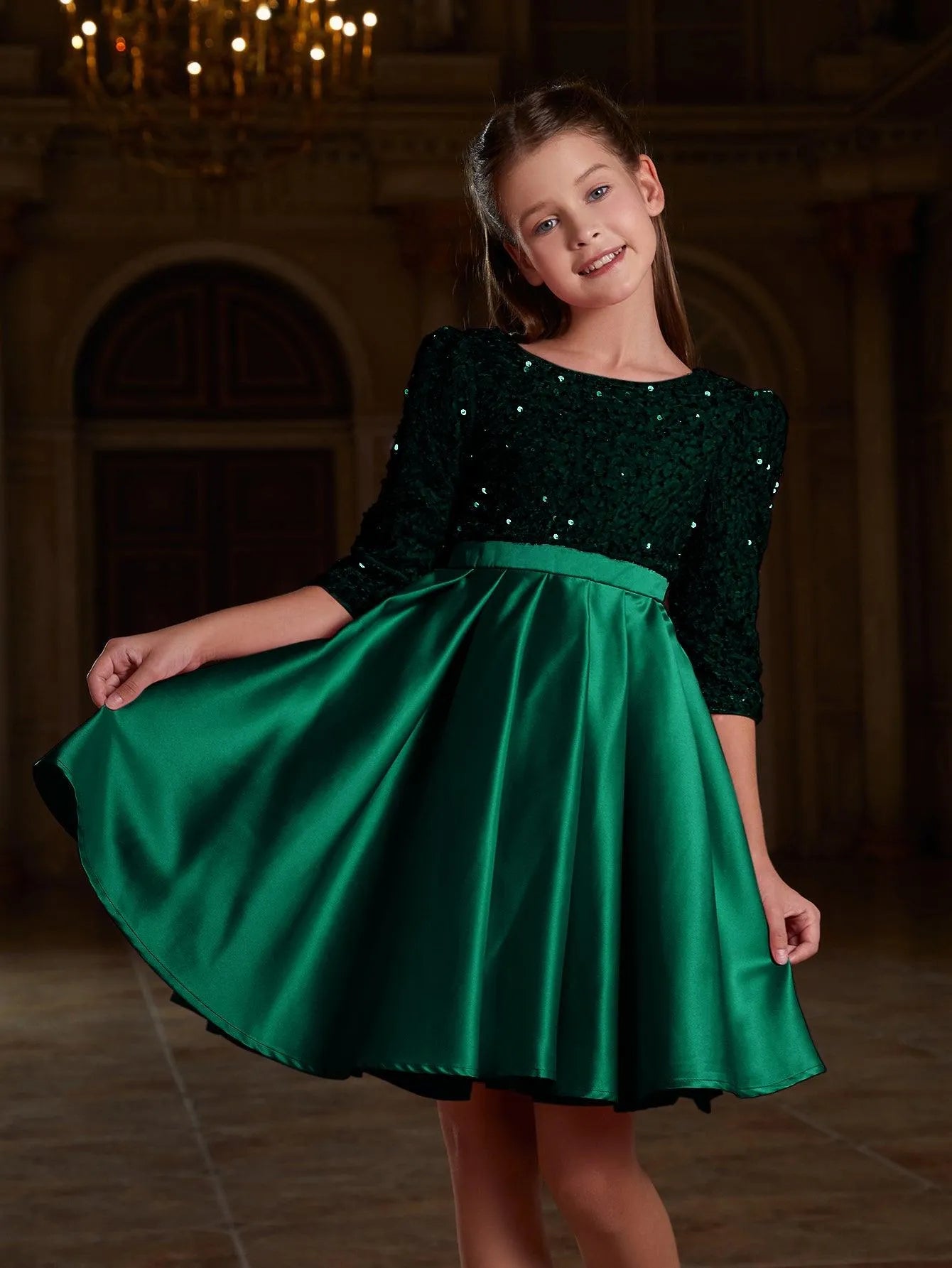 Tween Girls' Sequin Contrast Pleated Satin Hem Dress - Elonnashop