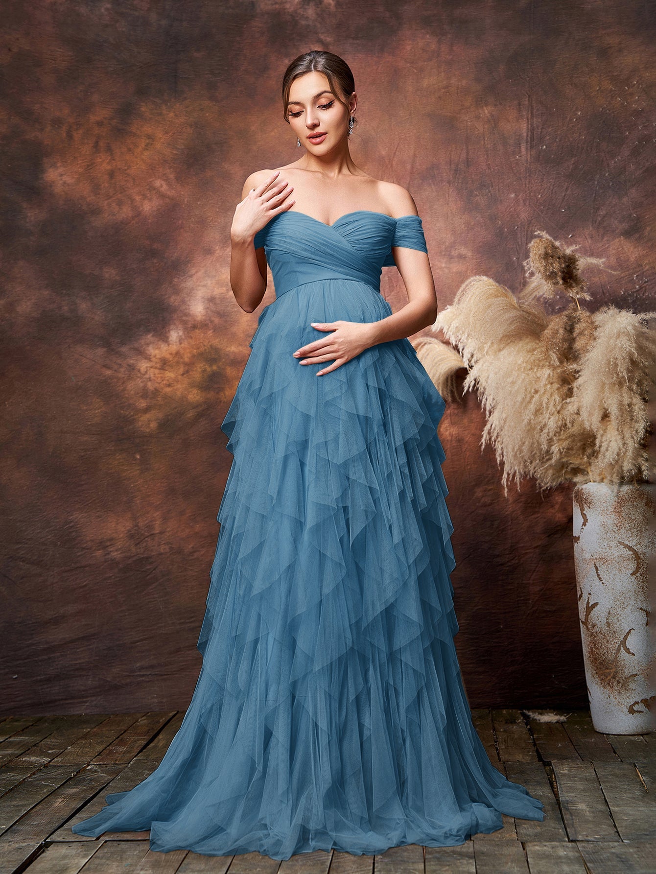 Maternity Off Shoulder Tiered Ruffle Hem Tulle Evening Dress