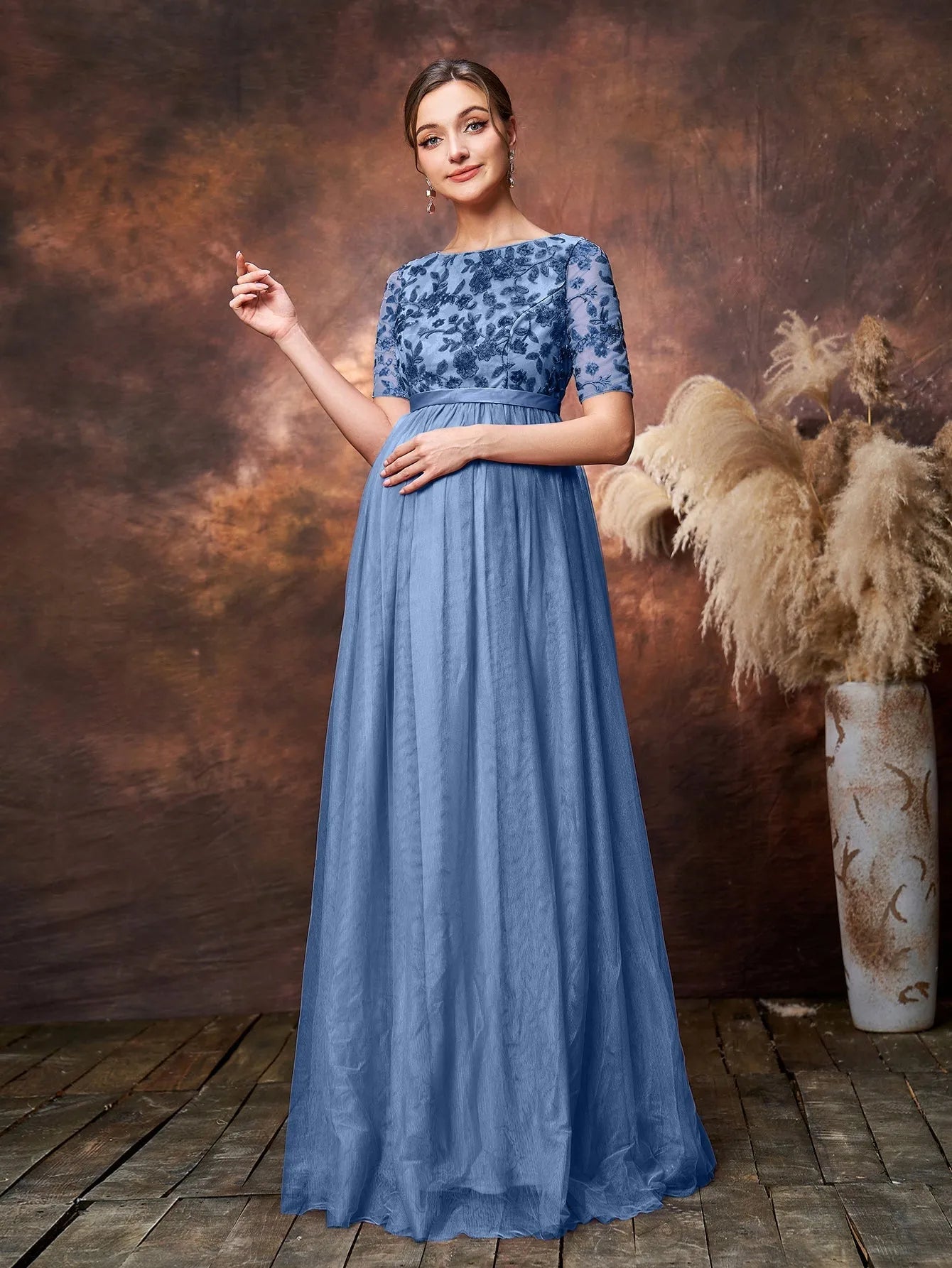 Maternity Floral Sequin Embroidered Bodice Formal Party Dress Elonnashop Maternity Floral Sequin Embroidered Bodice Formal Party Dress Elonnashop