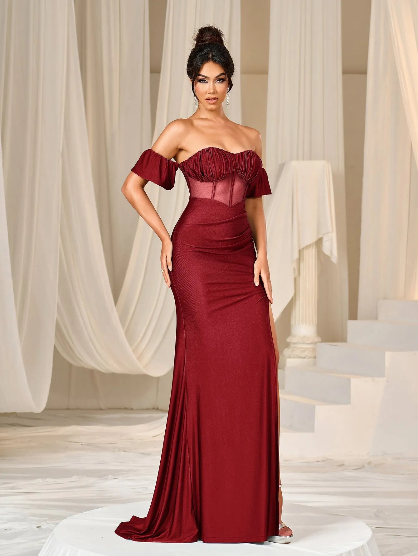 Elegant Off Shoulder Ruched Bust Split Mermaid Hem Evening Dress