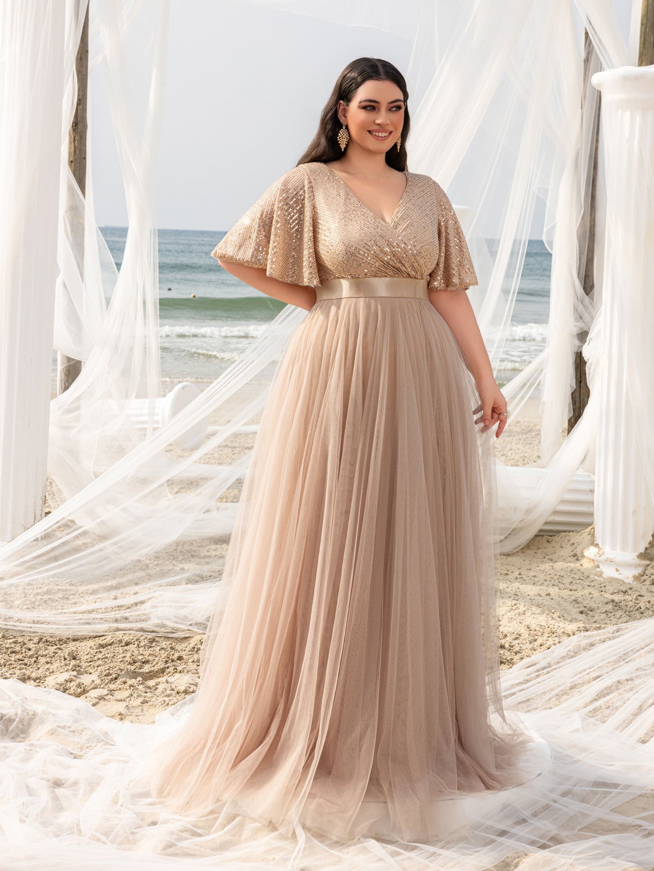 Plus Elegant Surplice Neck Butterfly Sleeves Sequin Evening Dress