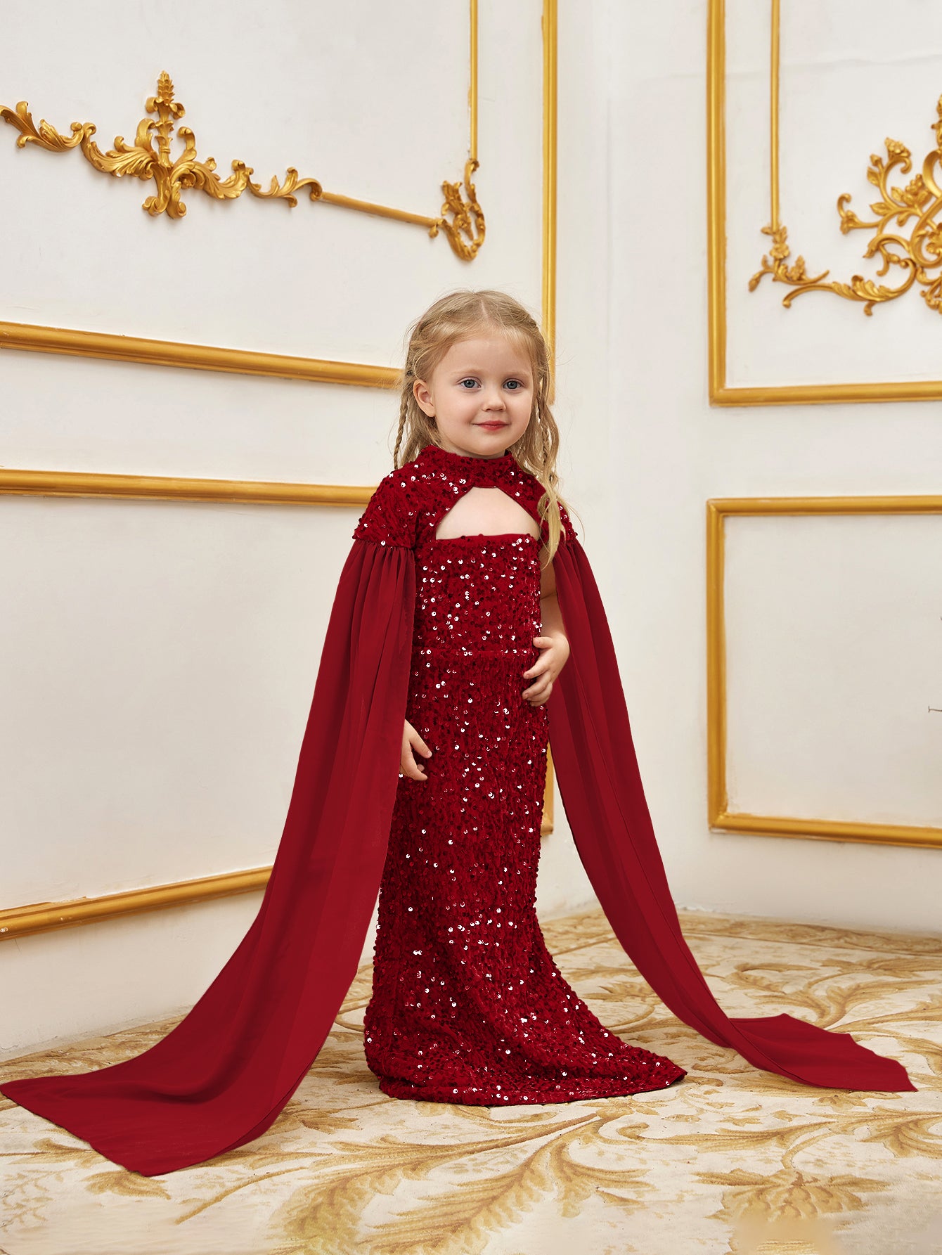 Young Girls' Mock Neck Cape Sleeves Sequin Party Dress