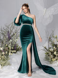 Maternity One Shoulder Split Mermaid Hem Velvet Evening Dress