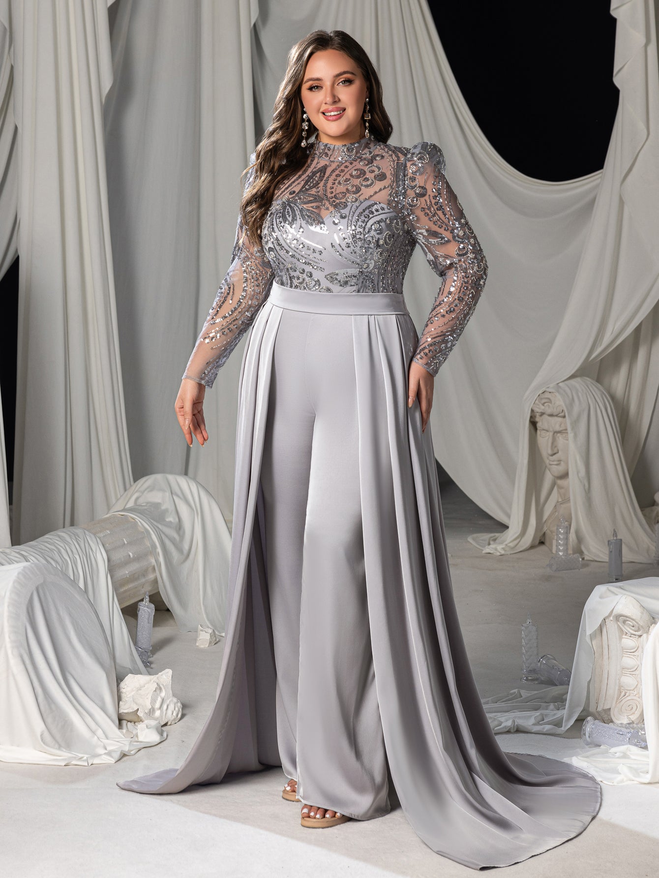 Plus Sequin-Trimmed Jumpsuit with Glittering Bodice & Satin Wide-Leg Pants for Evening Glam
