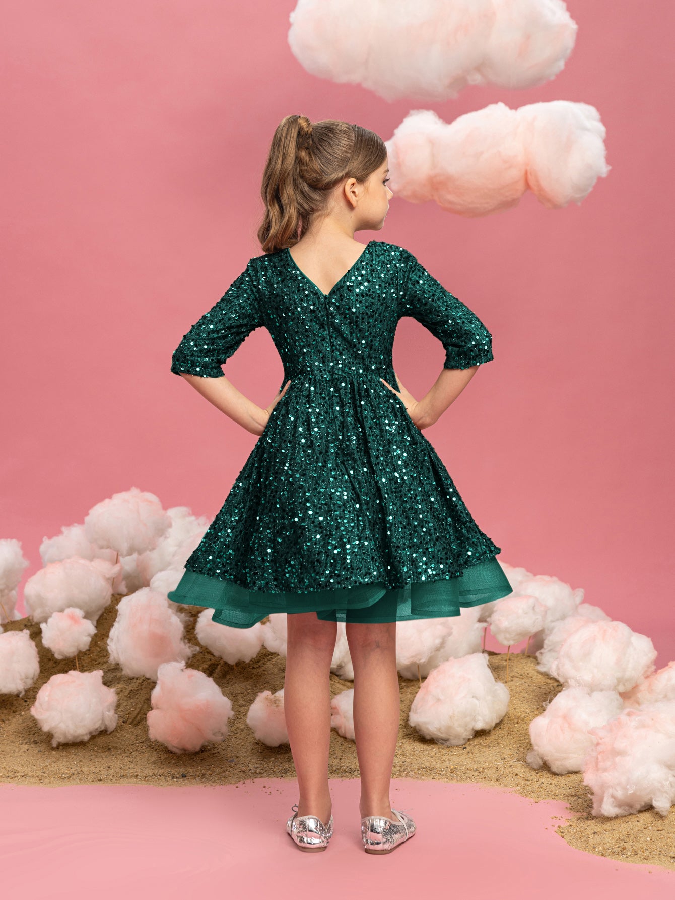 Tween Girls' Bow Detail 3/4 Sleeve Sequin Party Dress