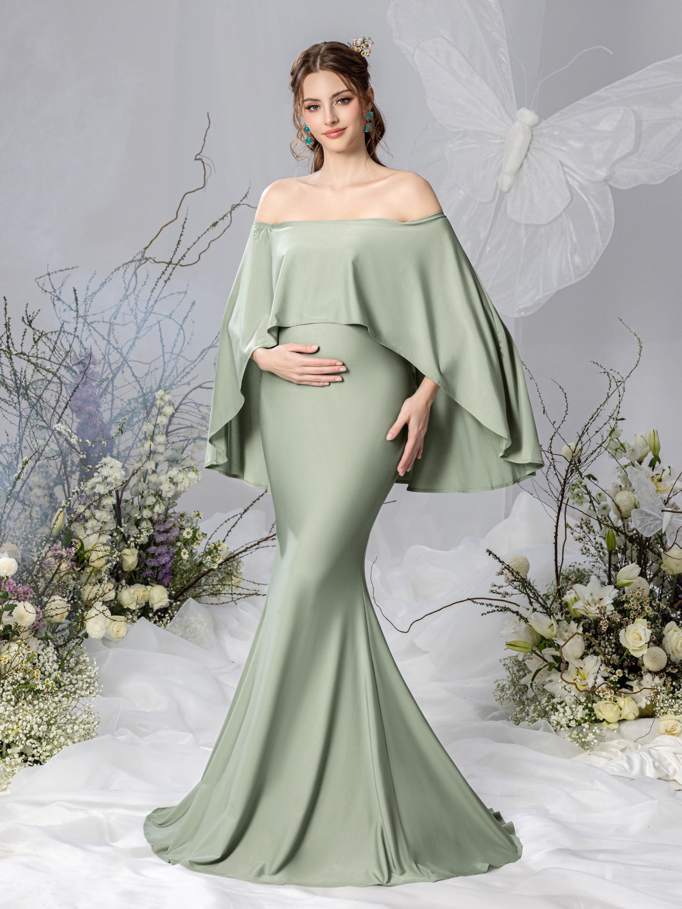 Maternity Off Shoulder Cape Sleeves Mermaid Hem Evening Dress