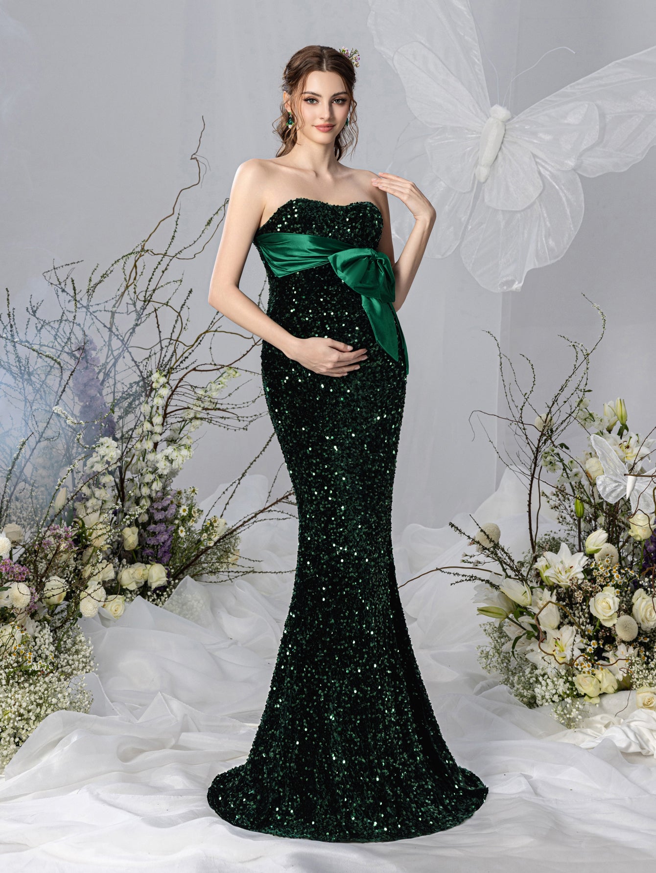 Maternity Bow Front Mermaid Hem Sequin Tube Dresses