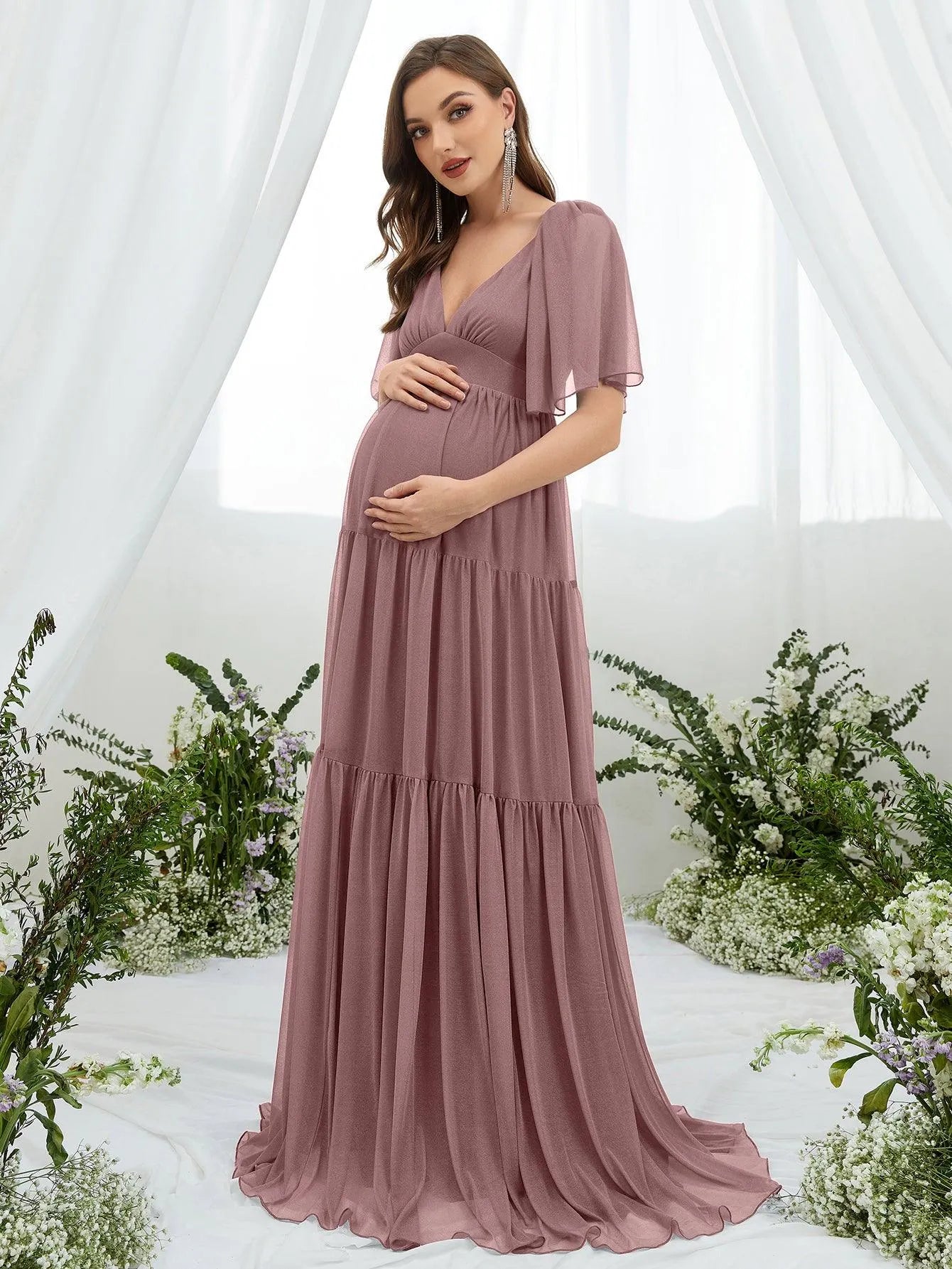 Maternity Plunging Neck Butterfly Sleeve Ruffle Hem Dress - Elonnashop