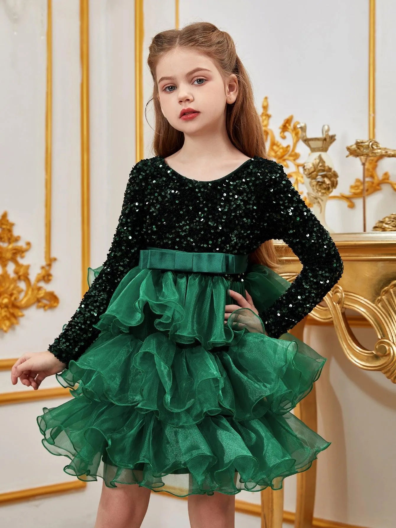 Tween Girls' Sequin Contrast Layered Organza Hem Dress - Elonnashop