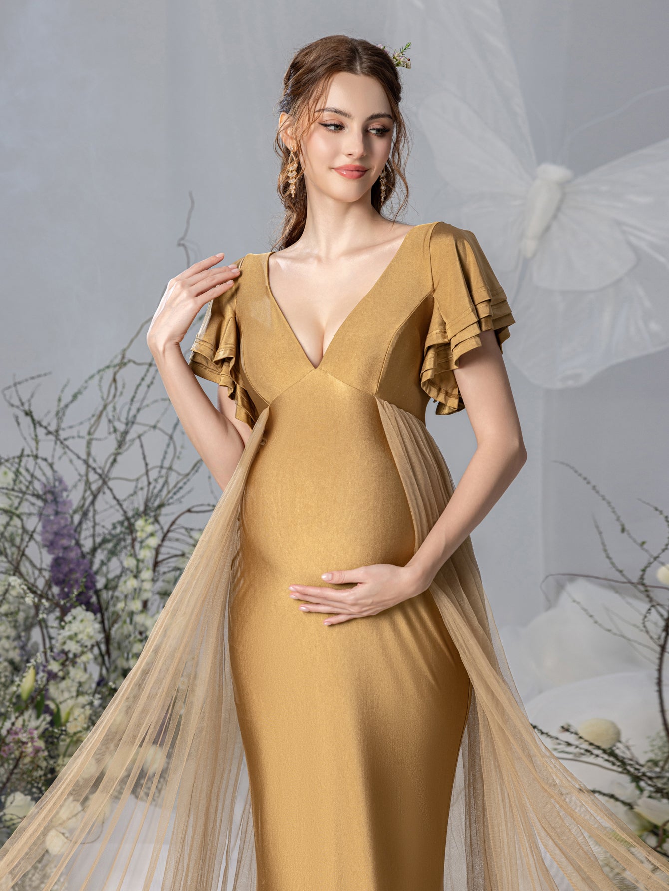 Maternity Plunging Neck Layered Ruffle Sleeve Mermaid Dress