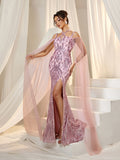 Elegant Crisscross Halter Neck Cloak Sleeves Mermaid Hem Sequin Formal Dress