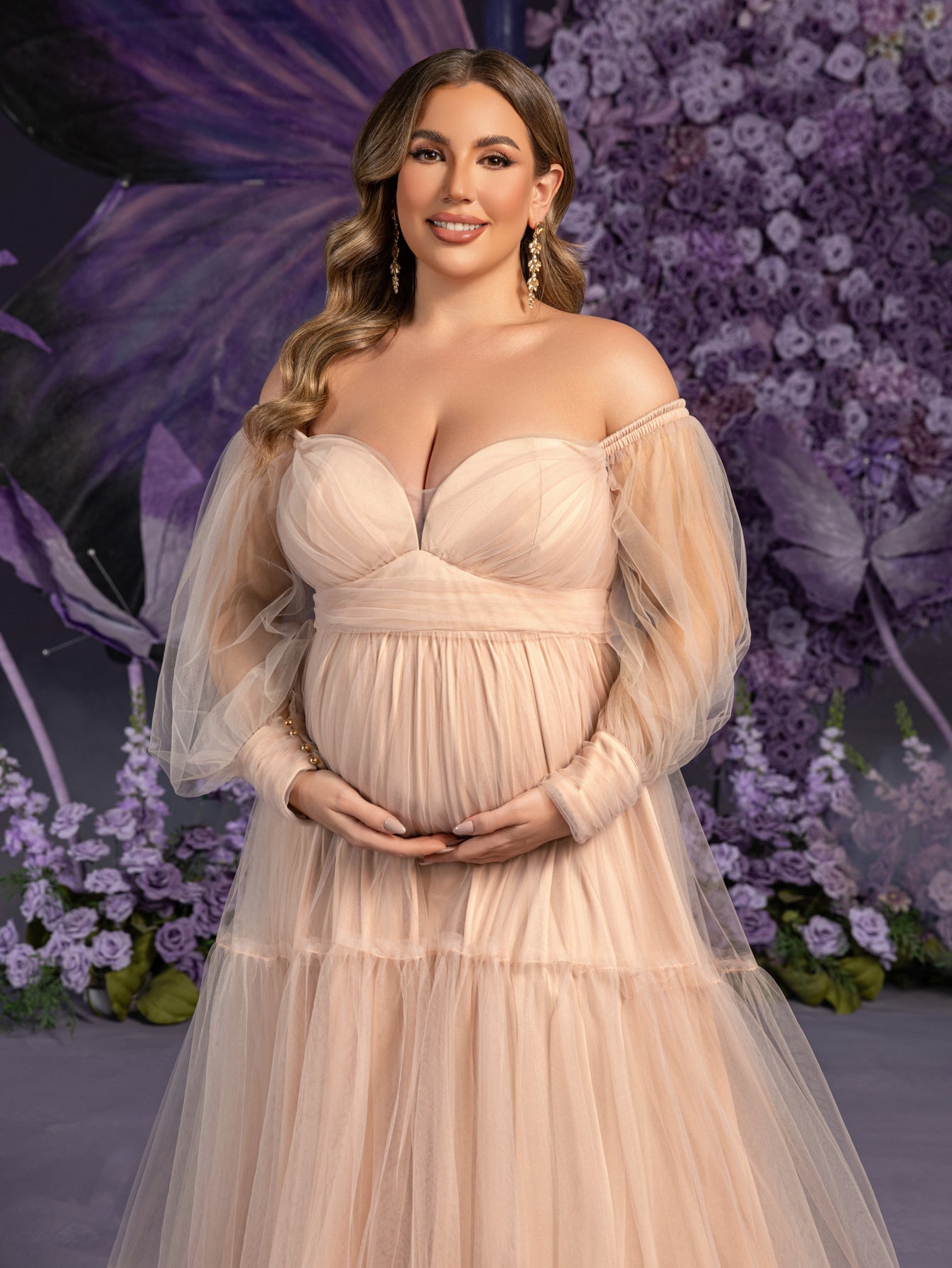 Plus Maternity Off Shoulder Bishop Sleeves Layered Tulle Photography Dress