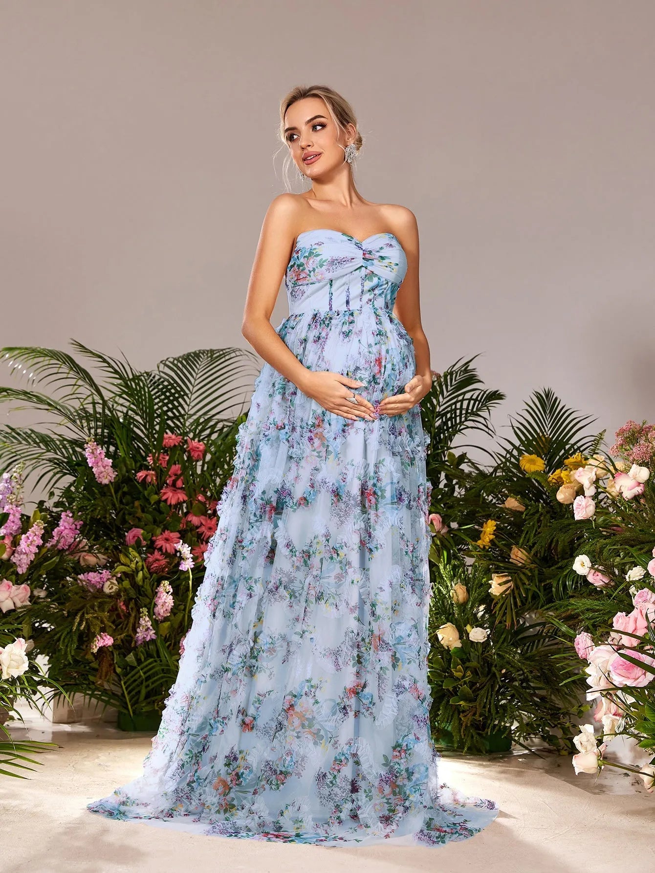 Maternity Strapless Ruffle Trim Floral Mesh Party Dress