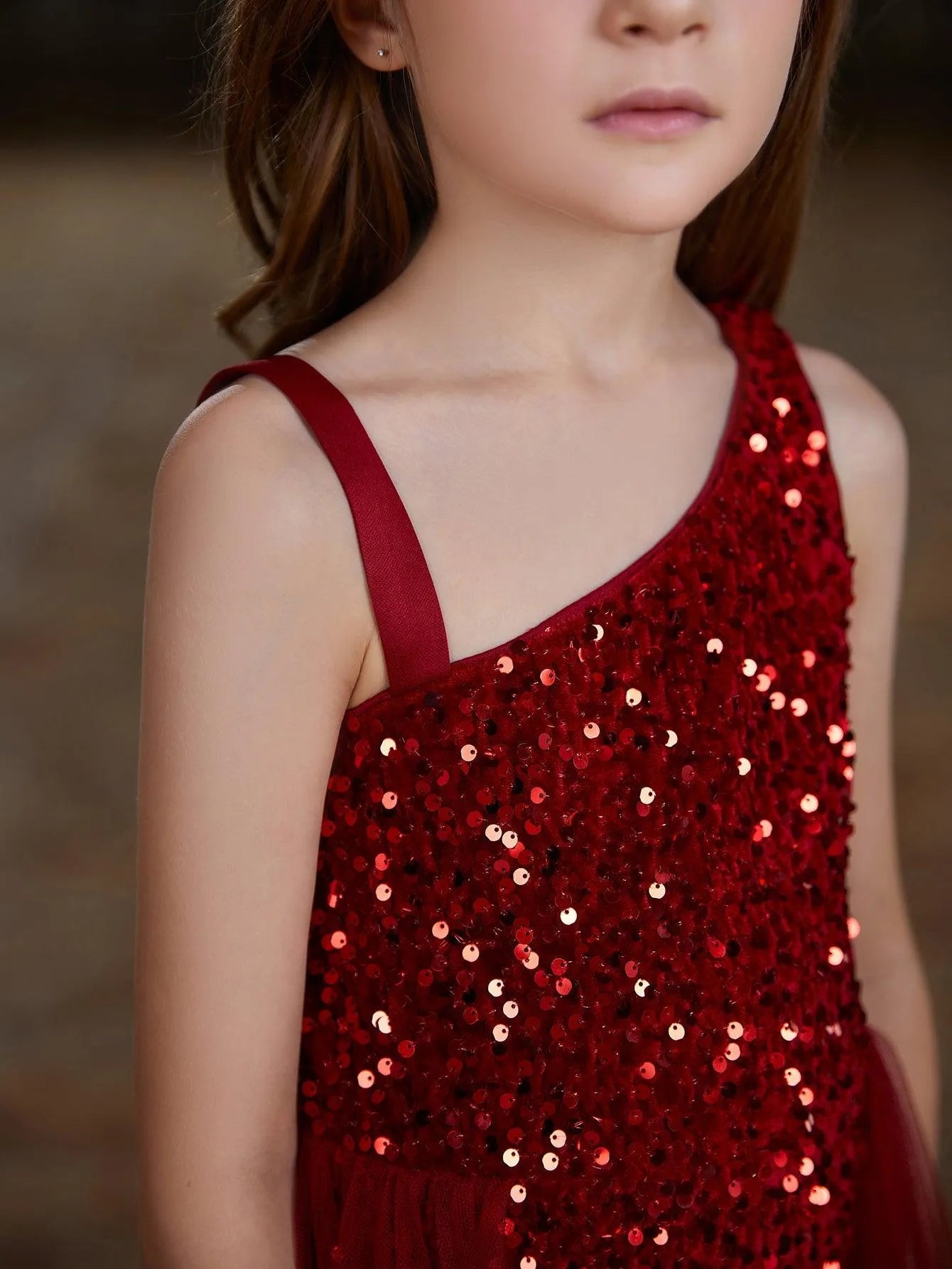 Tween Girls' Asymmetrical Neckline Mesh Overlay Sequin Dress - Elonnashop