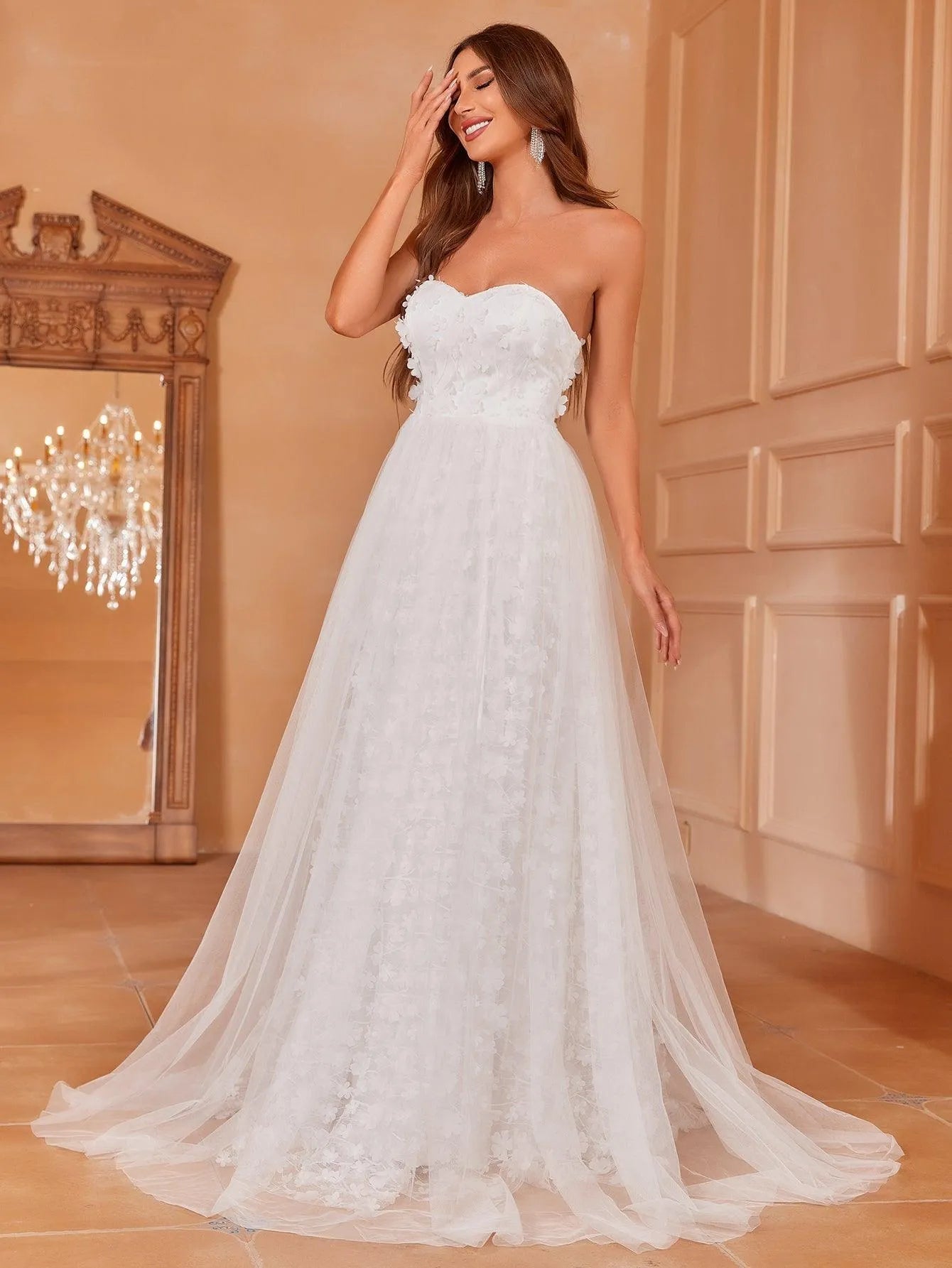 tulle dress overlay Mesh Overlay Floral Applique Tube Formal Dress – Elonnashop