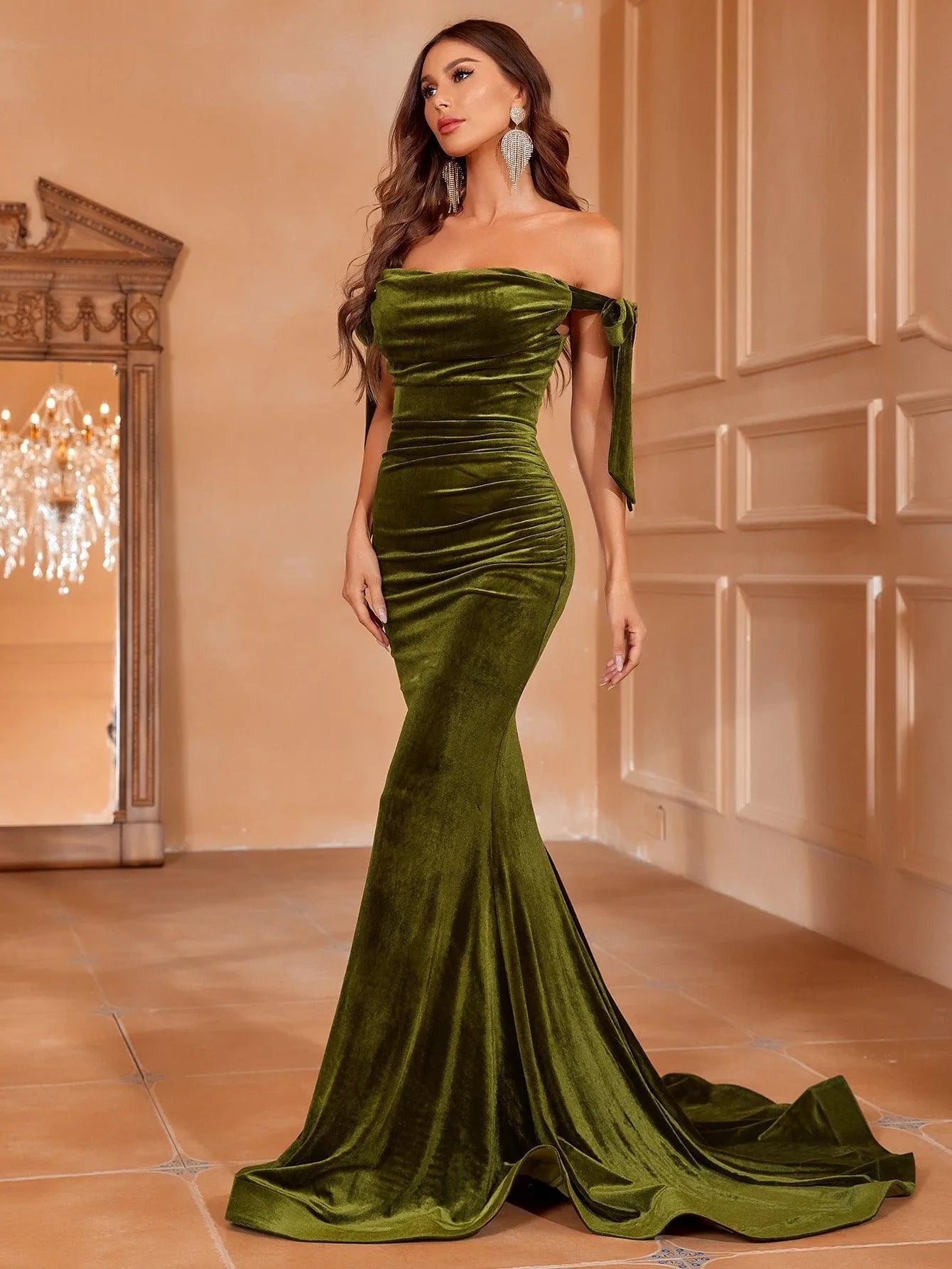 Elegant Off Shoulder Knot Side Velvet Mermaid Dress Black / S Elegant Off Shoulder Knot Side Velvet Mermaid Dress Black / S