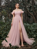 Elegant Off Shoulder Ruched Bust Split Thigh Tulle Evening Dress - Elonnashop