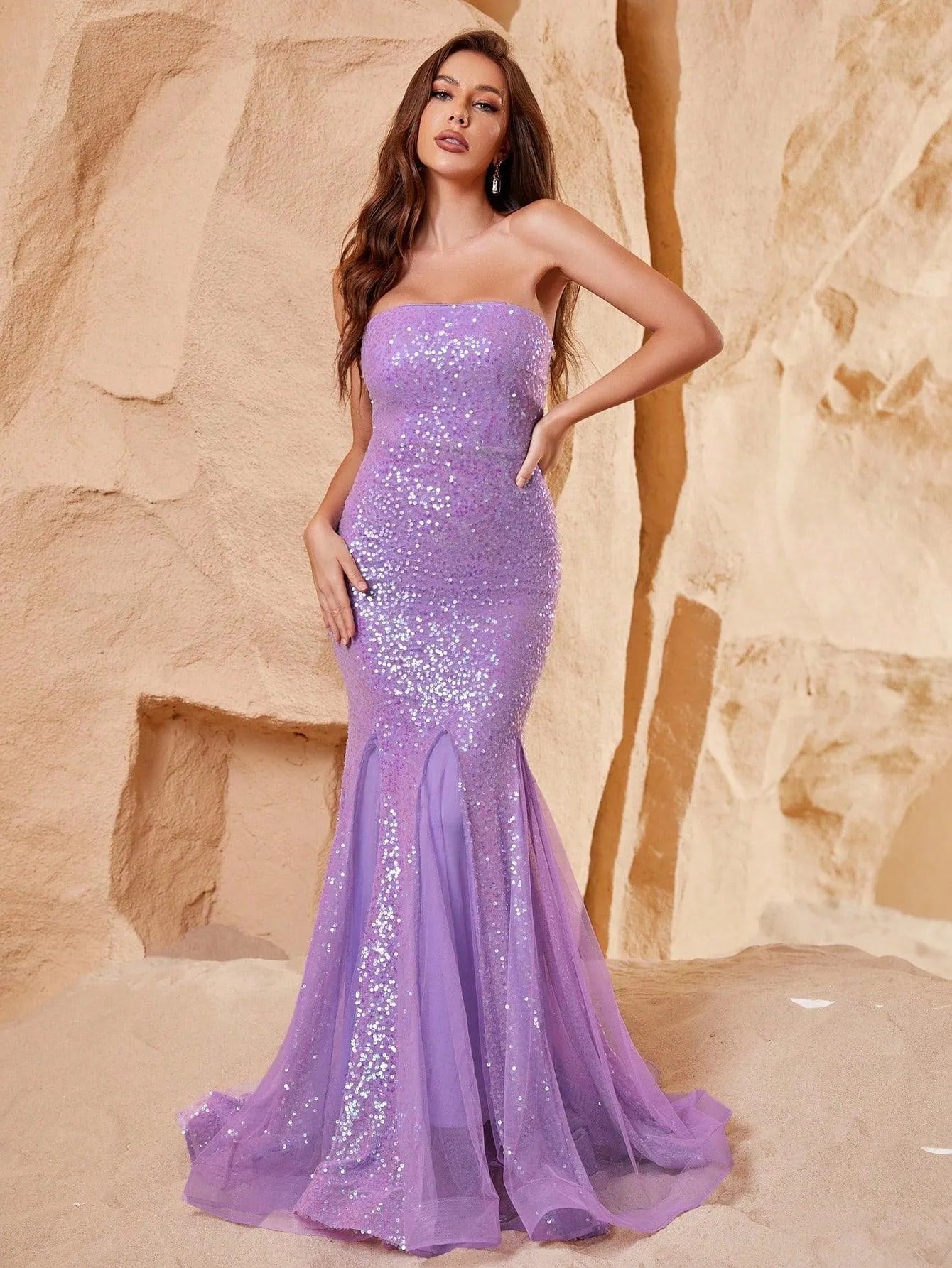 Mesh Insert Mermaid Hem Sequin Formal Prom Dress - Elonnashop