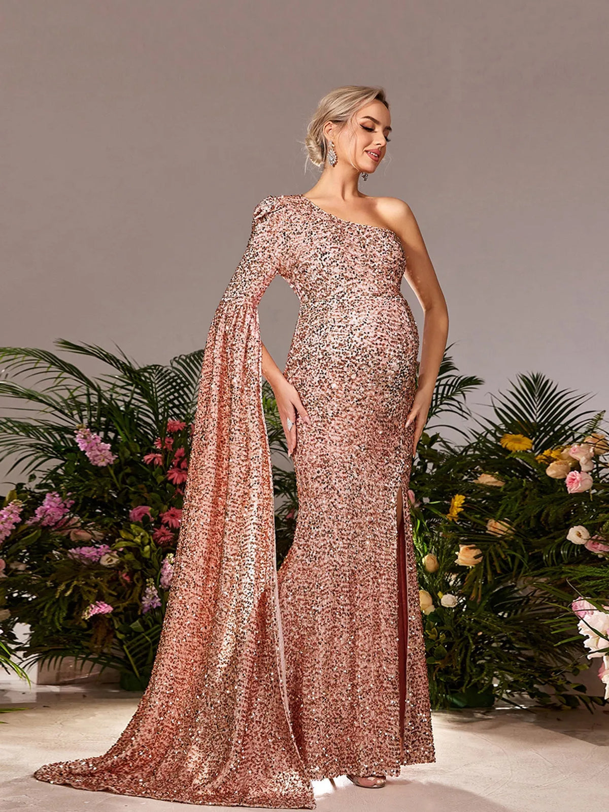 Maternity One Shoulder Extra Single Long Sleeve Mermaid Hem Sequin Formal Dress