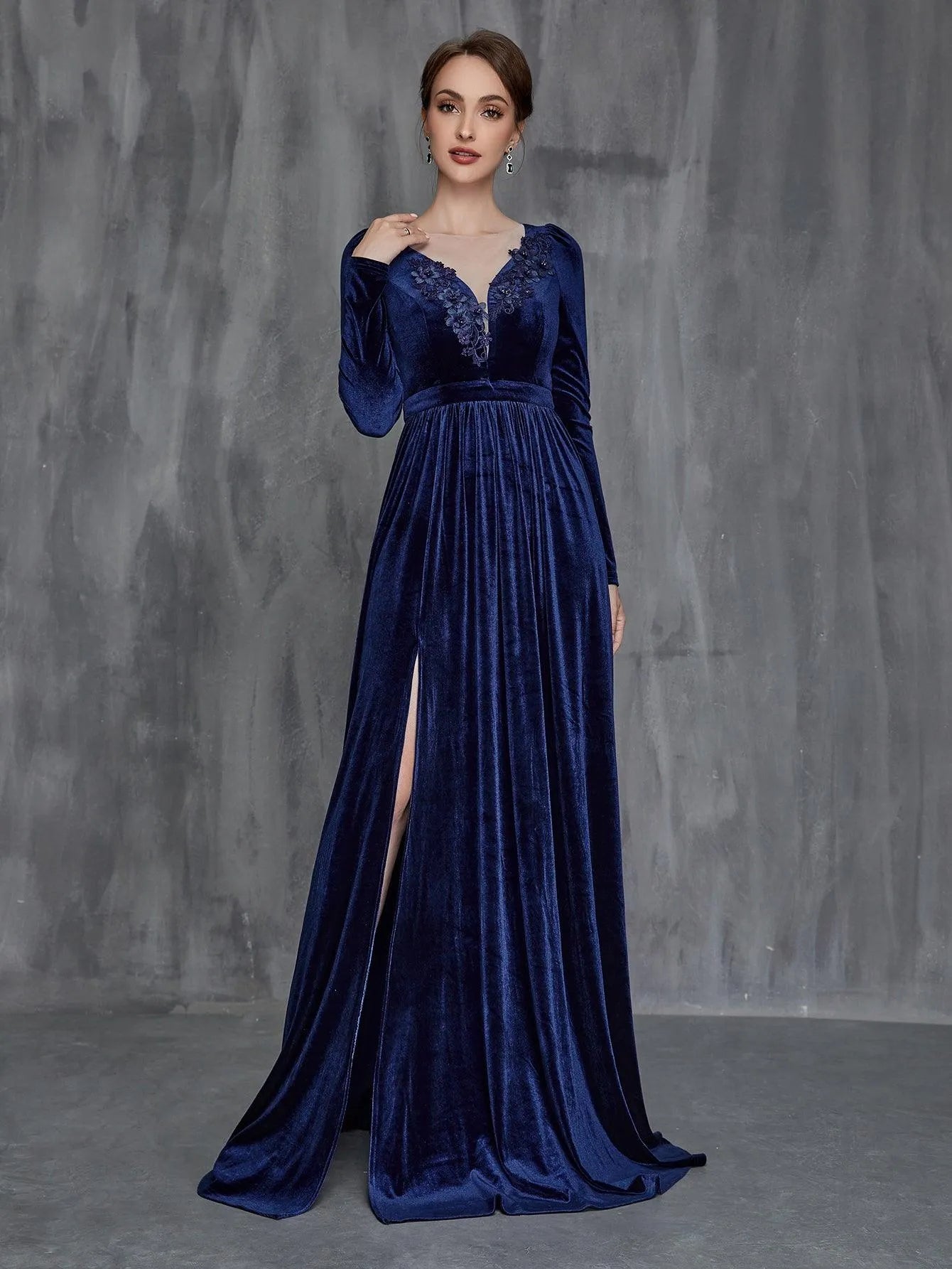 Womens' Applique Detail Split Thigh Velvet Formal Dress Navy blue / XL Womens' Applique Detail Split Thigh Velvet Formal Dress Navy blue / XL