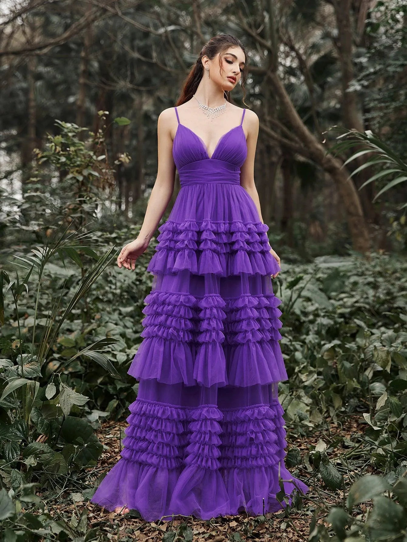 Gorgeous Plunging Neck Tiered Tulle Slip Prom Dress - Elonnashop