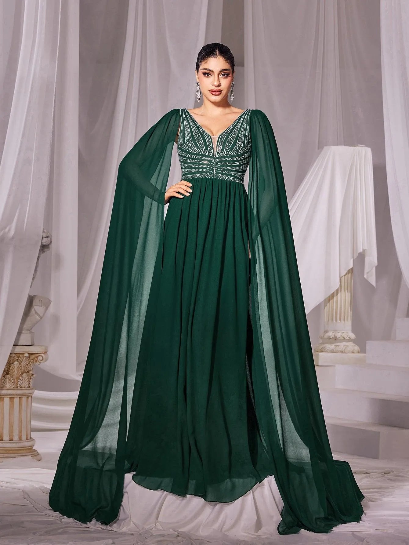 Rhinestone Detail Cape Sleeves Chiffon Evening Dress - Elonnashop