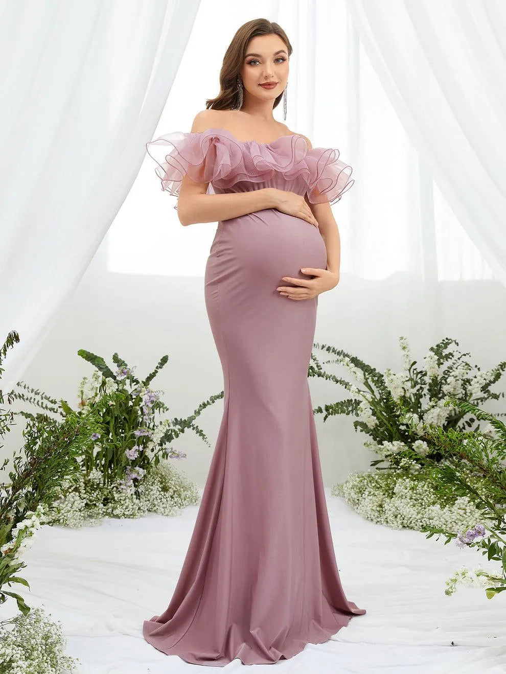 Maternity Ruffle Trim Off Shoulder Mermaid Hem Party Dress - Elonnashop