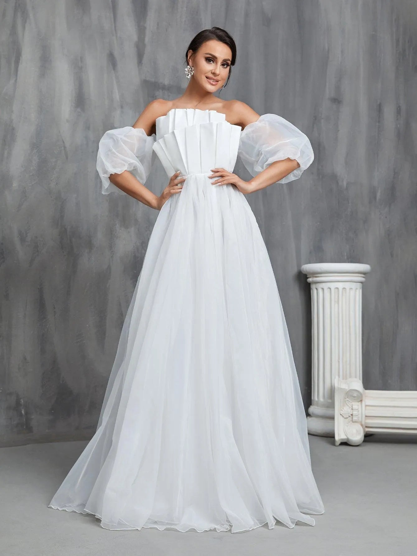 Off Shoulder Pleated Front Puff Sleeve Wedding Dresses - Elonnashop