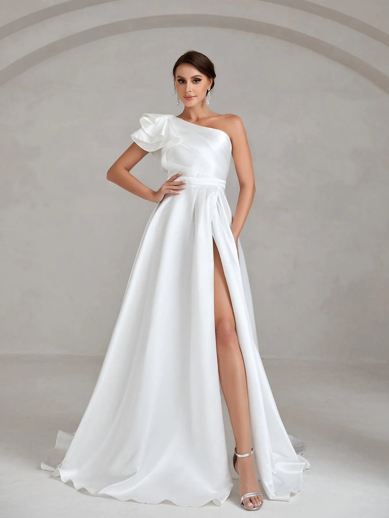 Ruffle Trim One Shoulder Split Thigh Satin Wedding Dress - Elonnashop