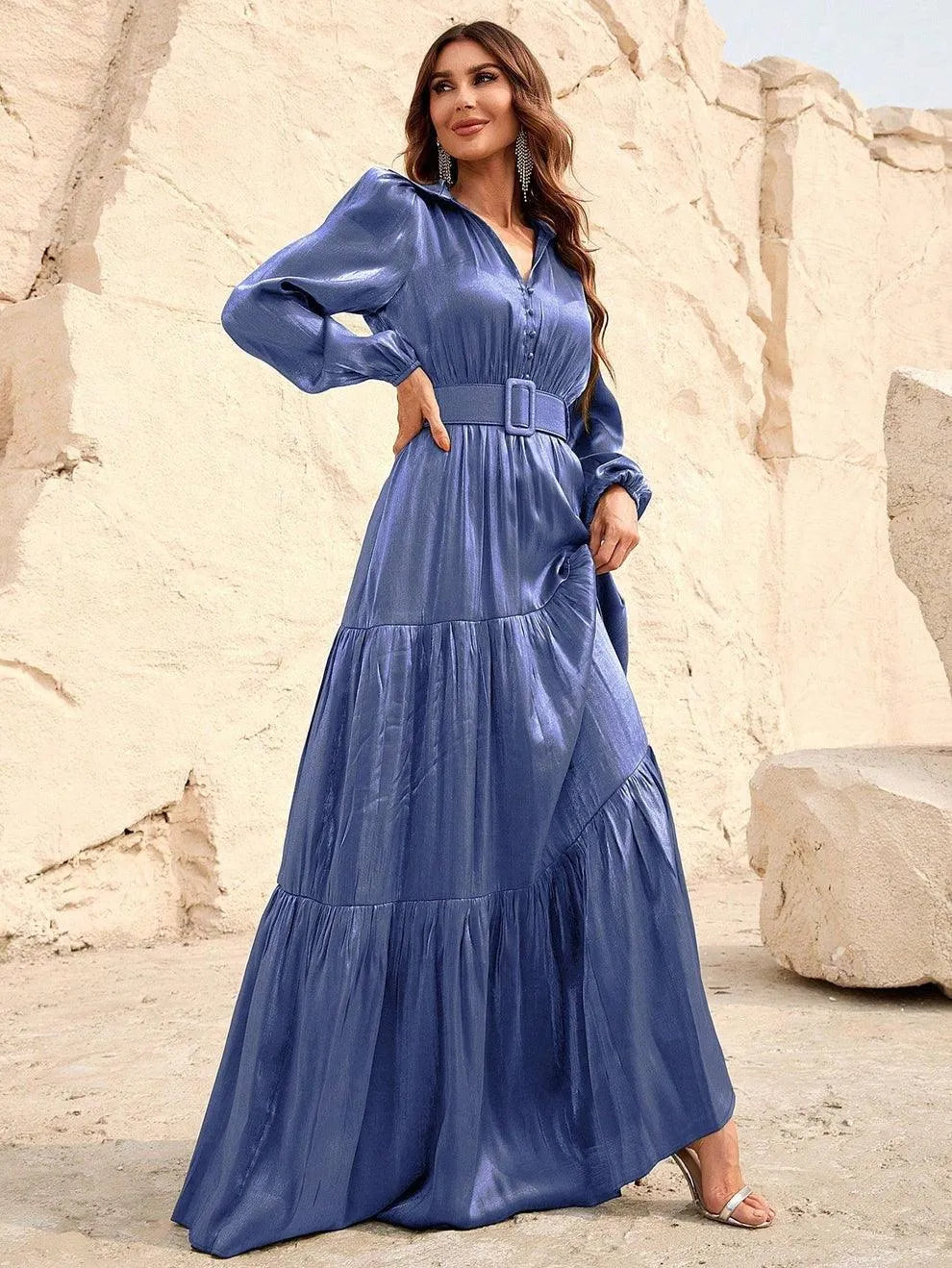 Elegant Bishop Sleeves Ruffle Hem Belted Dress - Elonnashop