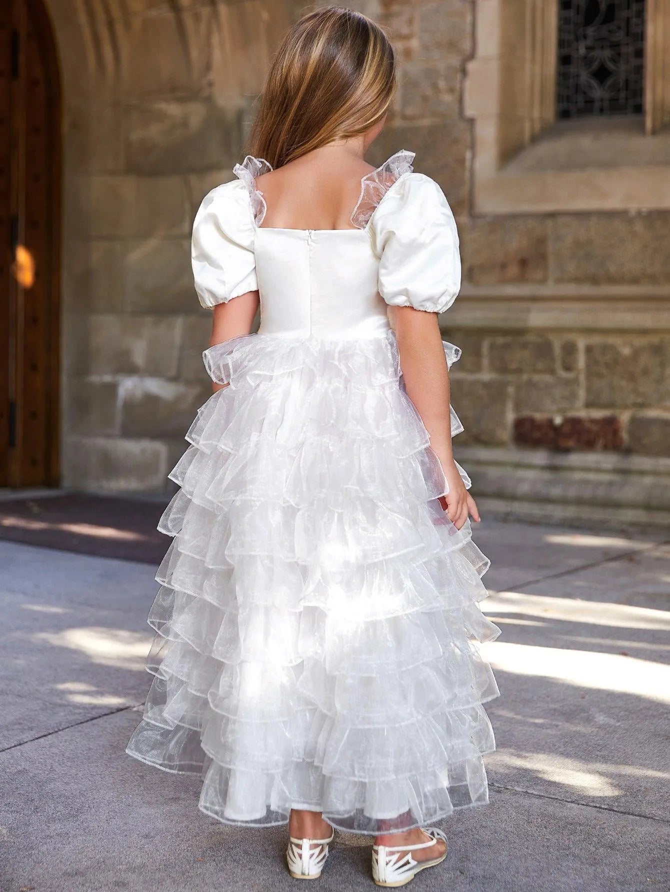 Tween Girls' Puff Sleeve Organza Layered Hem Cake Dress - Elonnashop