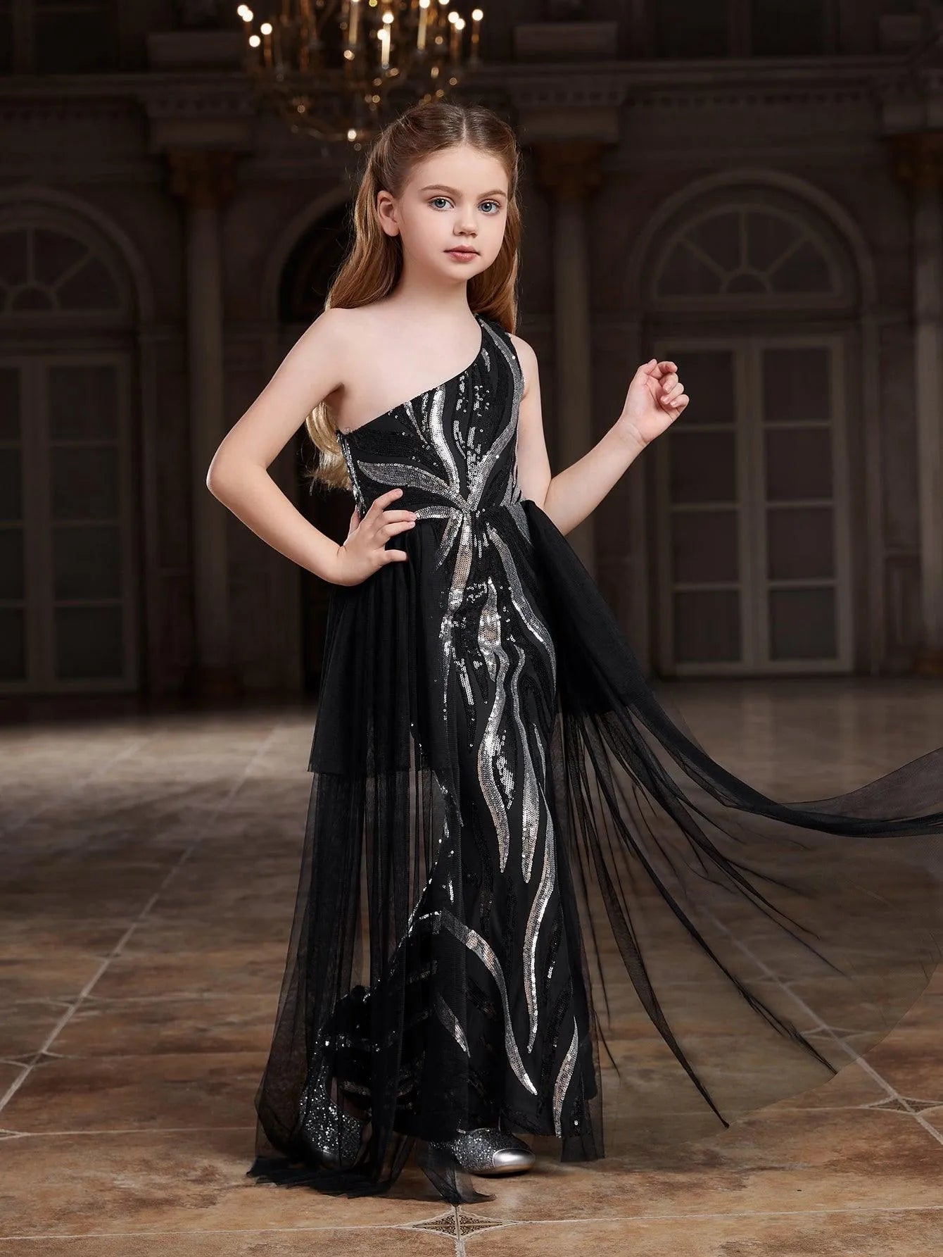 Tween Girls' One Shoulder Graphic Sequin Party Dress - Elonnashop