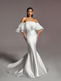 Gorgeous Layered Ruffle Off Shoulder Mermaid Hem Maxi Satin Wedding Dress