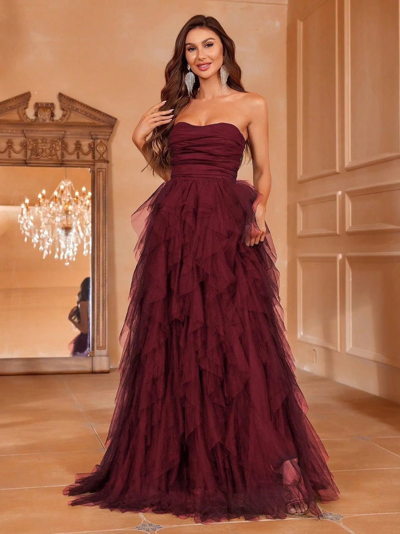 tube party dress Elegant Tube Top A-Line Sleeveless Ruched Satin Evening Party Dress with Train