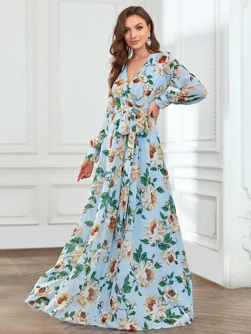 Elegant V Neck Long Sleeve Chiffon Floral Print Dress - Elonnashop