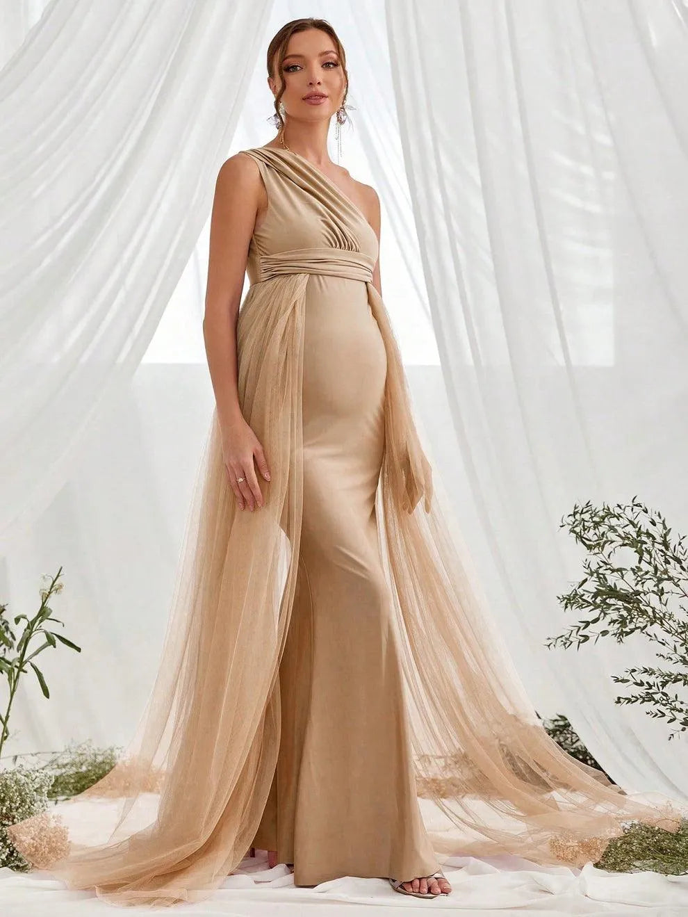Maternity One Shoulder Contrast Mesh Mermaid Prom Dress Elonnashop Maternity One Shoulder Contrast Mesh Mermaid Prom Dress Elonnashop
