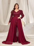 Plus V Neck Gigot Sleeves Sequin Prom Jumpsuit - Elonnashop