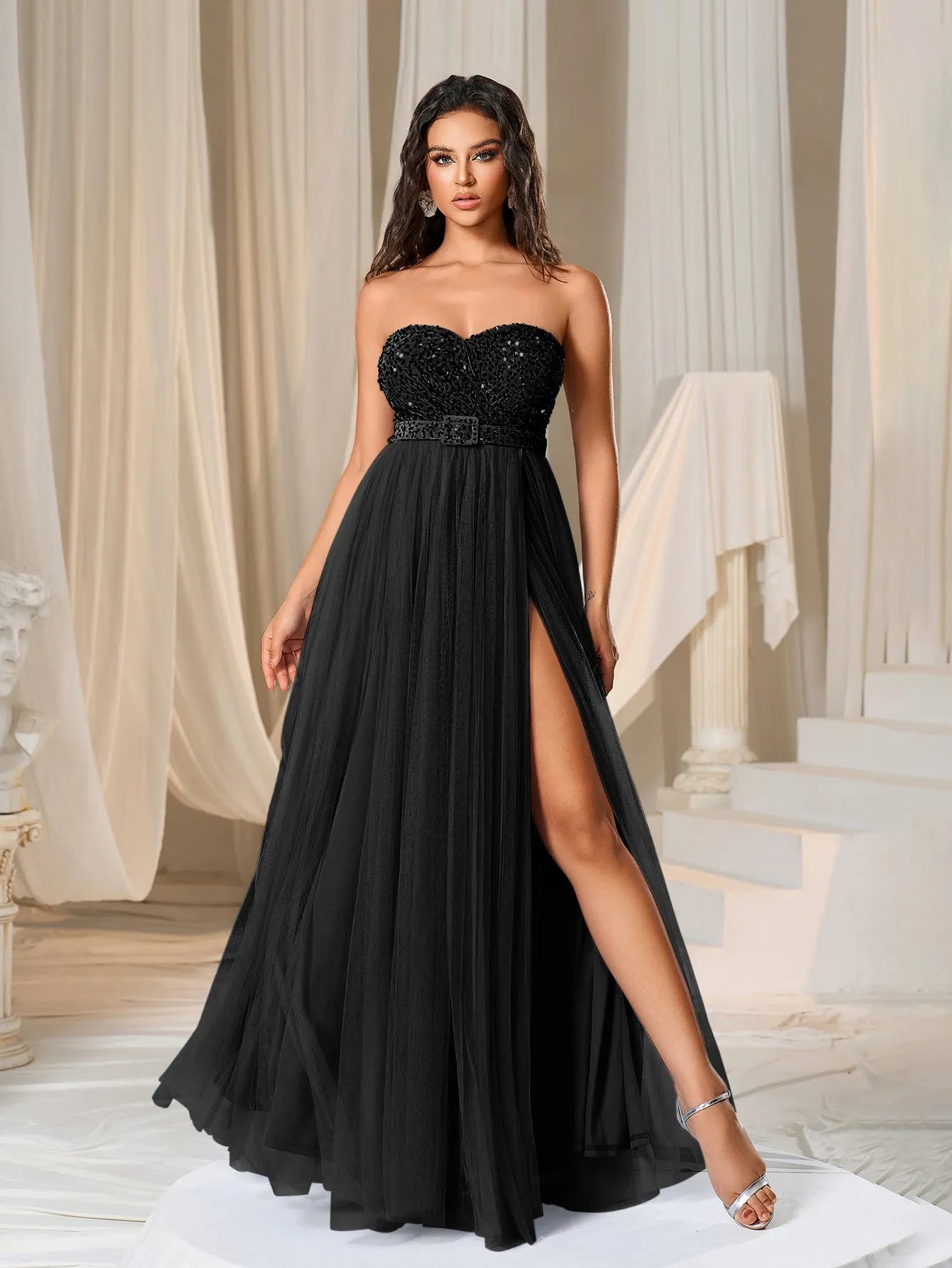 Elegant Strapless Split Thigh A-line Formal Evening Dress