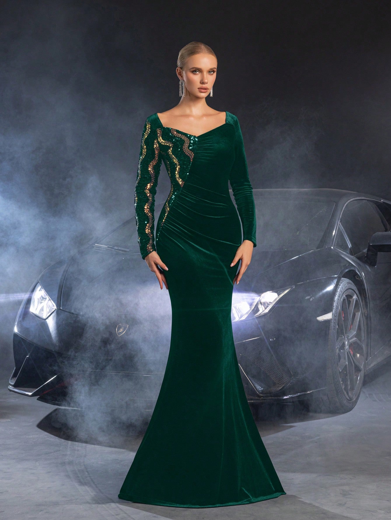 Elegant Asymmetric Long Sleeve Mermaid Gown with Sequined Accents, Luxury Evening Dress