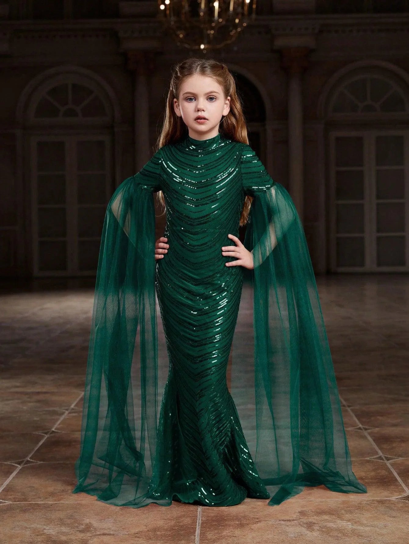 Tween Girls' Cloak Sleeves Sequin Mermaid Dress - Elonnashop