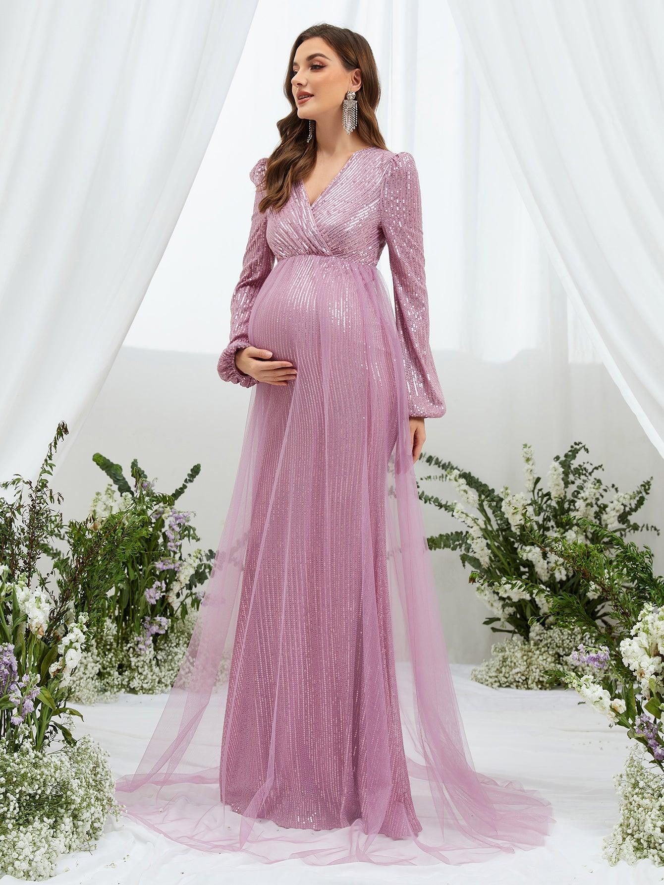 Maternity Surplice Neck Contrast Mesh Sequin Party Dress - Elonnashop