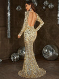 Elegant Round Neck Long Sleeve Contrast Sequin Dress - Elonnashop