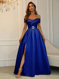 Off Shoulder Buckle Belted Satin Ball Gown - Elonnashop