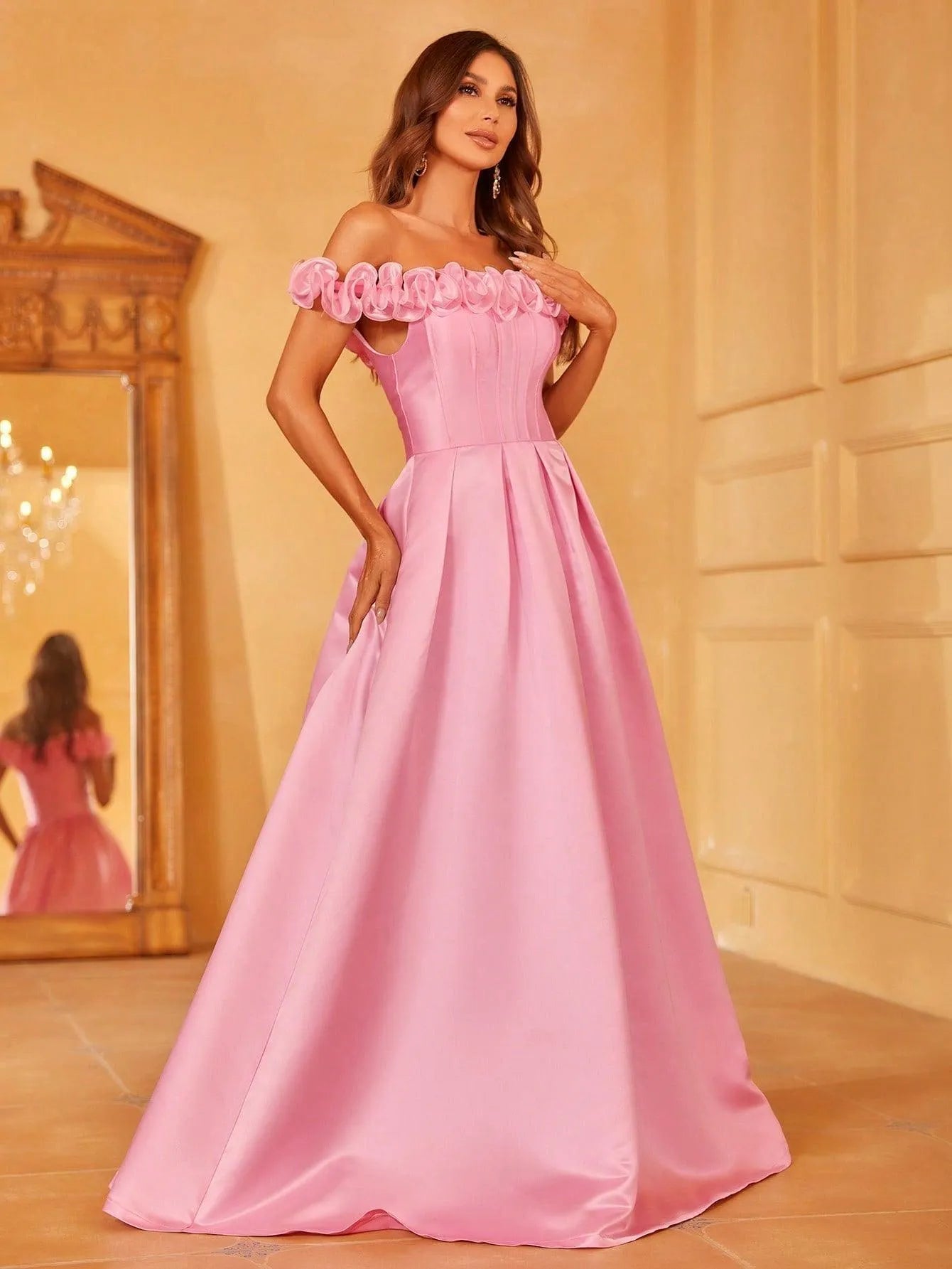 Off Shoulder Ruffle Trim Satin Prom Dress - Elonnashop